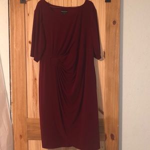 Red dress with sleeves and scoop neck.